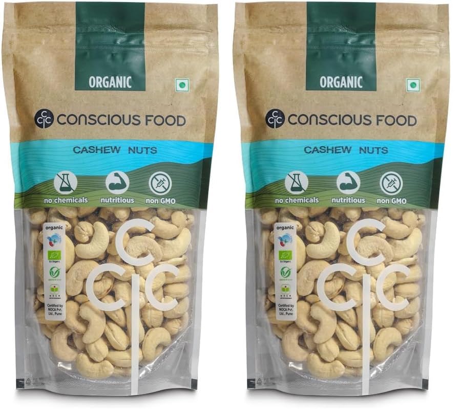 Image of Conscious Food 100% Organic Whole Cashew Nuts W240 | 250 g | Konkan Kaju | Crunchy & Rich |Value Pack | Source of Energy Vitamins & Minerals, Protein, Dietary Fibre. (Pack of 2)