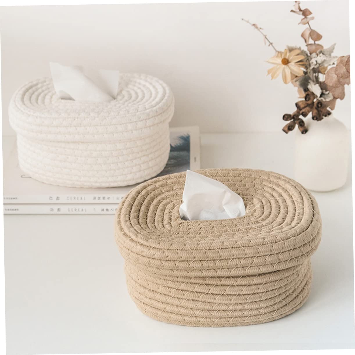 HOOTNEE Cotton Woven Tissue Storage Box Paper Towel Dispensers Tissue Box Cover Lids