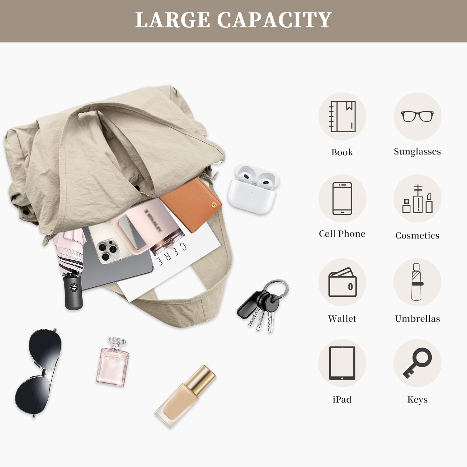 Large Nylon Hobo Slouchy Taslon Tote Crossbody Shoulder for Women Men