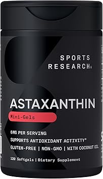 Sports Research Triple Strength Astaxanthin Supplement (6mg) with Organic Coconut Oil for Antioxidant Activity, Skin & Eye Health Support - Non-GMO Verified & Gluten Free - 120 Softgels