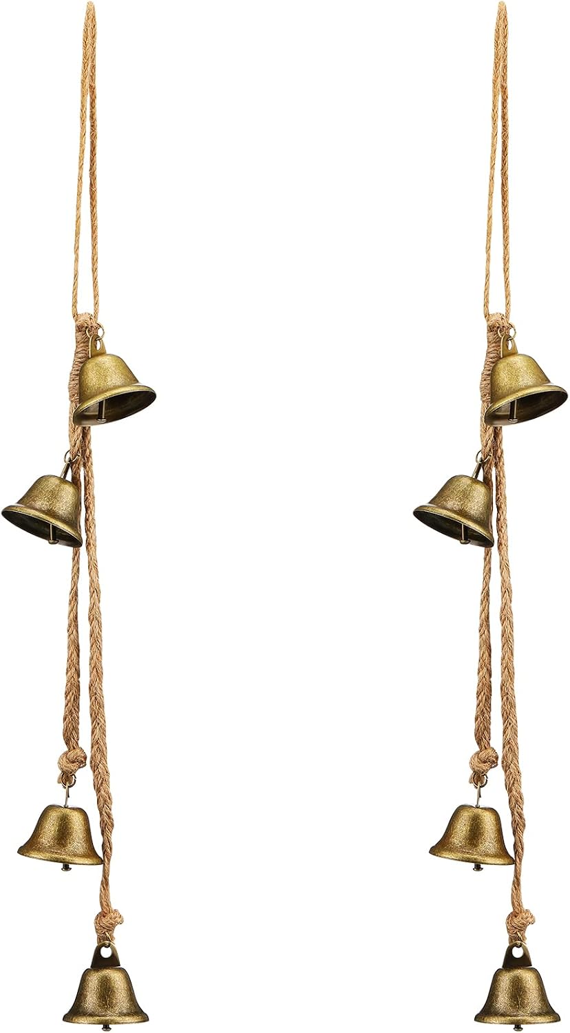 Marsui 2 Pcs Christmas Vintage Gold Brass Bells with Jute Hanging Rope Christmas Tree Decor Rustic Lucky Cow Decorative Wall Hanging Decor Witch Bells for Xmas Crafts Door Hanger(Classic Style)