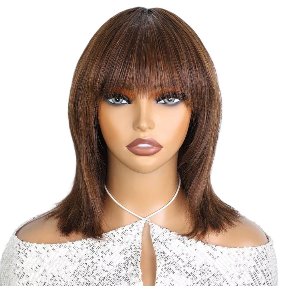 Accessori Parrucche Parrucche Per Capelli Umani Bob Dritte Con Taglio A Lupo Marrone Corto Senza Colla Con Frangia Per Le Donne Remy Brasiliane(Natural Brown)