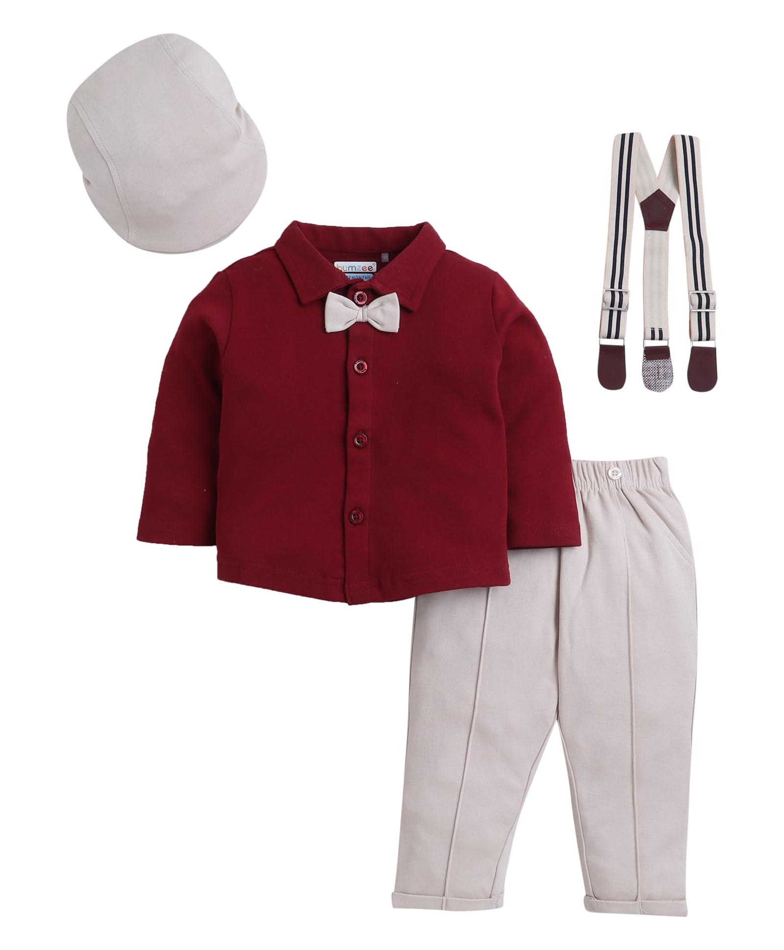 Boys Cotton Full Sleeves Collar Neck Shirt Pant Set With Suspender & Cap-image-48