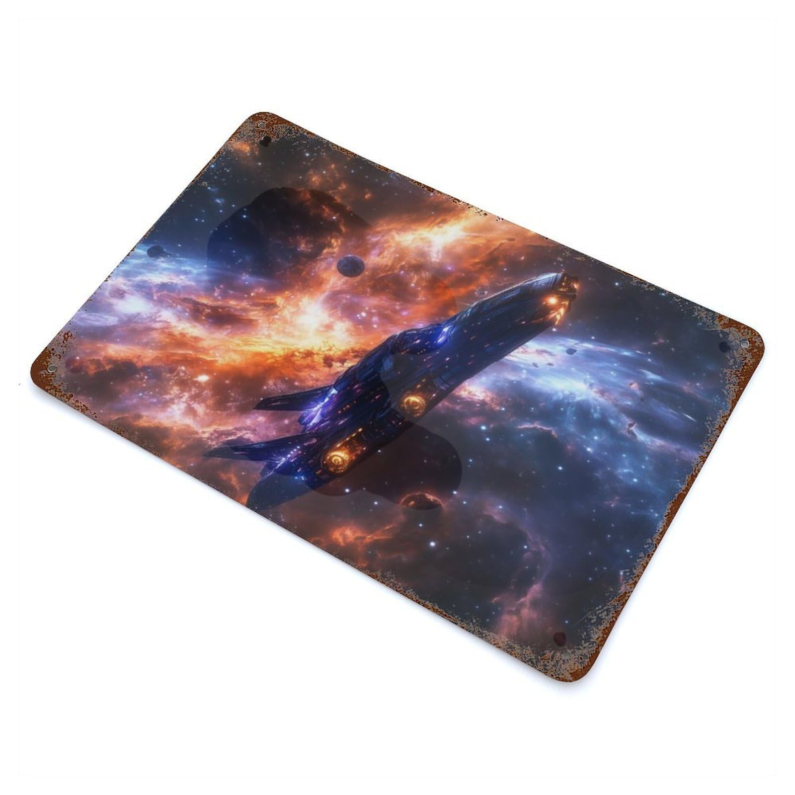 Spaceship in Nebula Rust Effect Tin Sign 11.8"x7.9", Ideal for Cafe, Home Bar And Lounge Decor