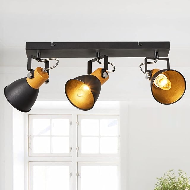 FORCOSO Spotlight Ceiling Light, Retro 3 Way Swiveling Ceiling Spotlight, Rotatable Wall Spot Lights with Black Metal Lampshade for Living Room Bedroom Kitchen Loft