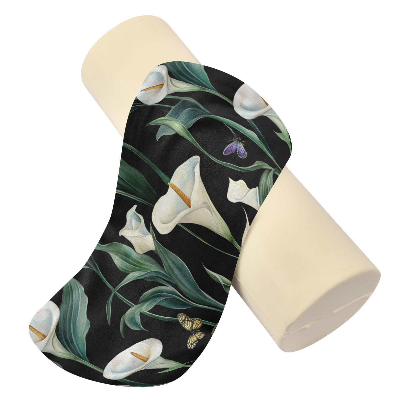 miaozhen Art Calla Lily Flower Green and White Decorative Round Pillow Covers Bolster Pillow for Legs Firm almohada Redonda para el Cuello 5.5''x17''