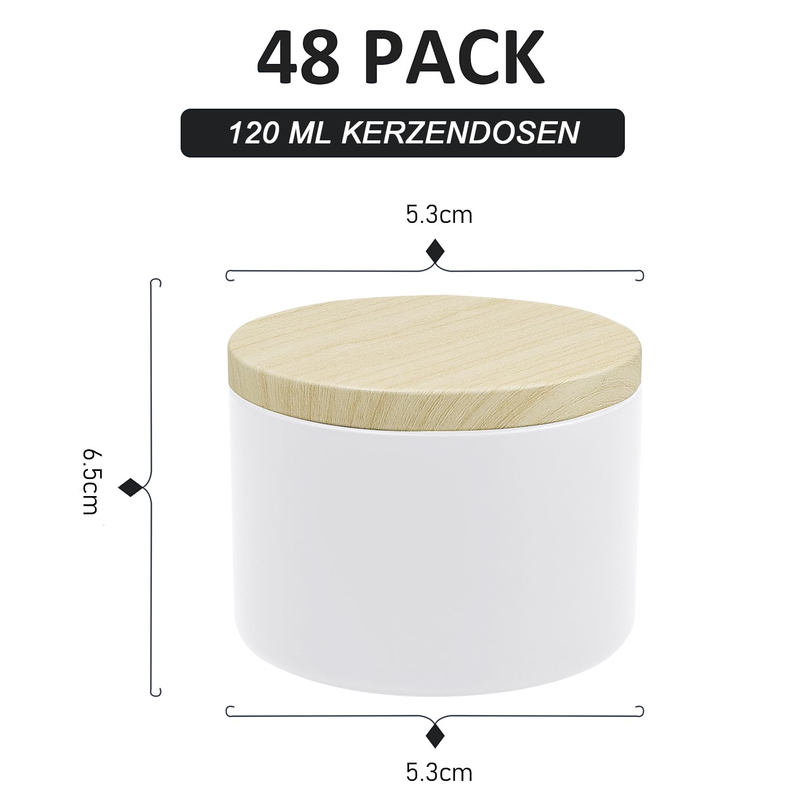 Kaxtde Set di 48 barattoli per candele bianche con coperchio in legno, 120 ml, in metallo, rotondi, per candele fai da te, spezie, gioielli, polvere, caramelle, unguento
