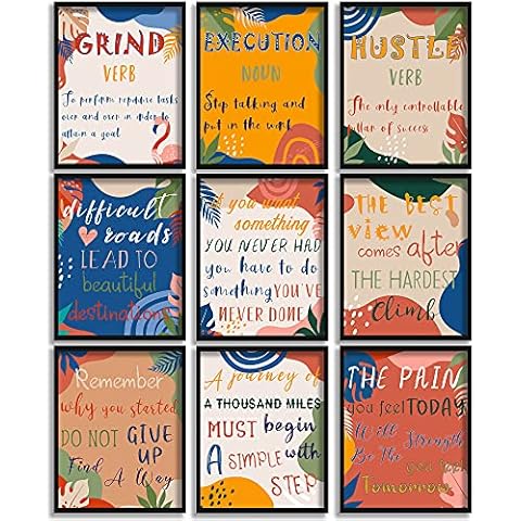 ETIUC Set of 9 Motivational Wall Art Prints Inspirational Quotes Posters Grind Verb Hustle Verb Execution Noun Positive Motivational Wall Decor for Living Room Study Room Office Unframed 8 x 10 Inch Cover