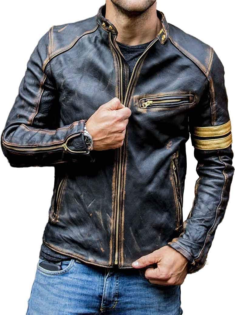 Męska kurtka motocyklowa z prawdziwej skóry w stylu vintage, męska moda, odzież outdoorowa