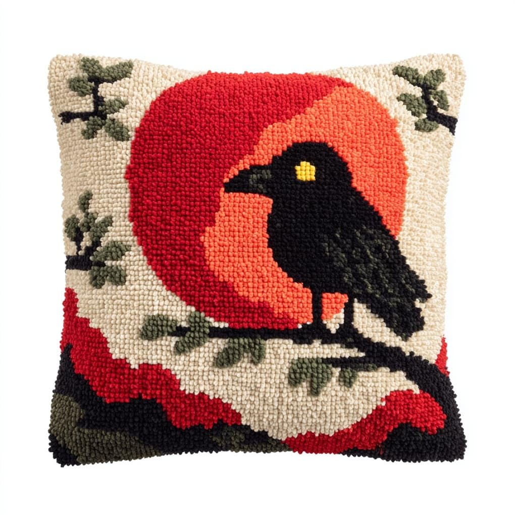 Henypt Latch Hook Craft Cushion Kit 43x43cm,Crows on the Moon Pillow Cover Needlework for Bedroom Lounge,Easy to Make Starter Set for All Ages