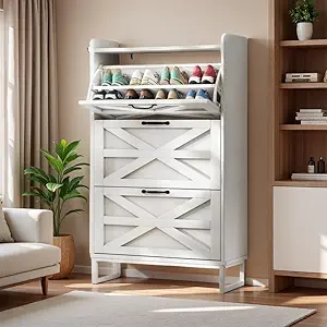 DWVO Farmhouse Shoe Storage Cabinet with 3 Flip Drawers, Slim Shoe Cabinet for Up to 24 Pairs, Narrow Shoe Rack for Entryway, Living Room, Hallway (Pure White)