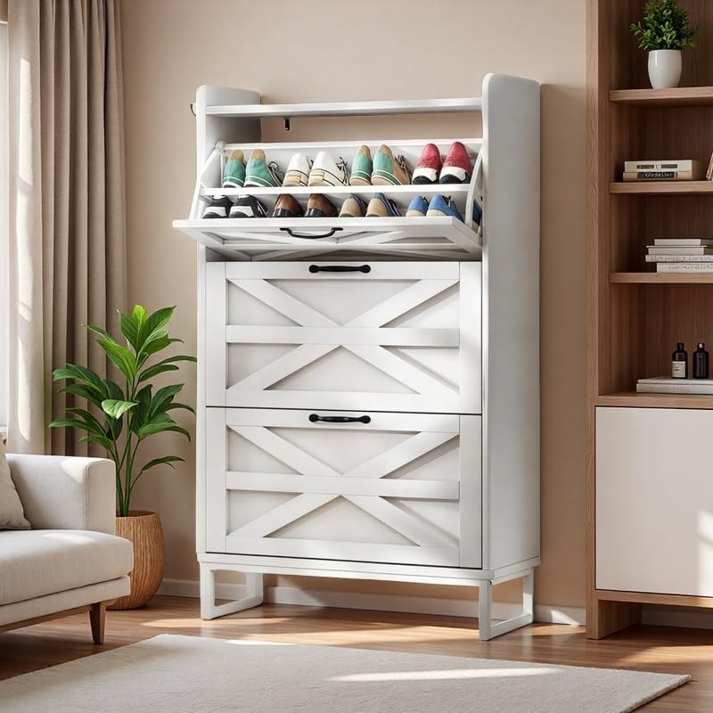 DWVO Farmhouse Shoe Storage Cabinet with 3 Flip Drawers, Slim Shoe Cabinet for Up to 24 Pairs, Narrow Shoe Rack for Entryway, Living Room, Hallway (Pure White)