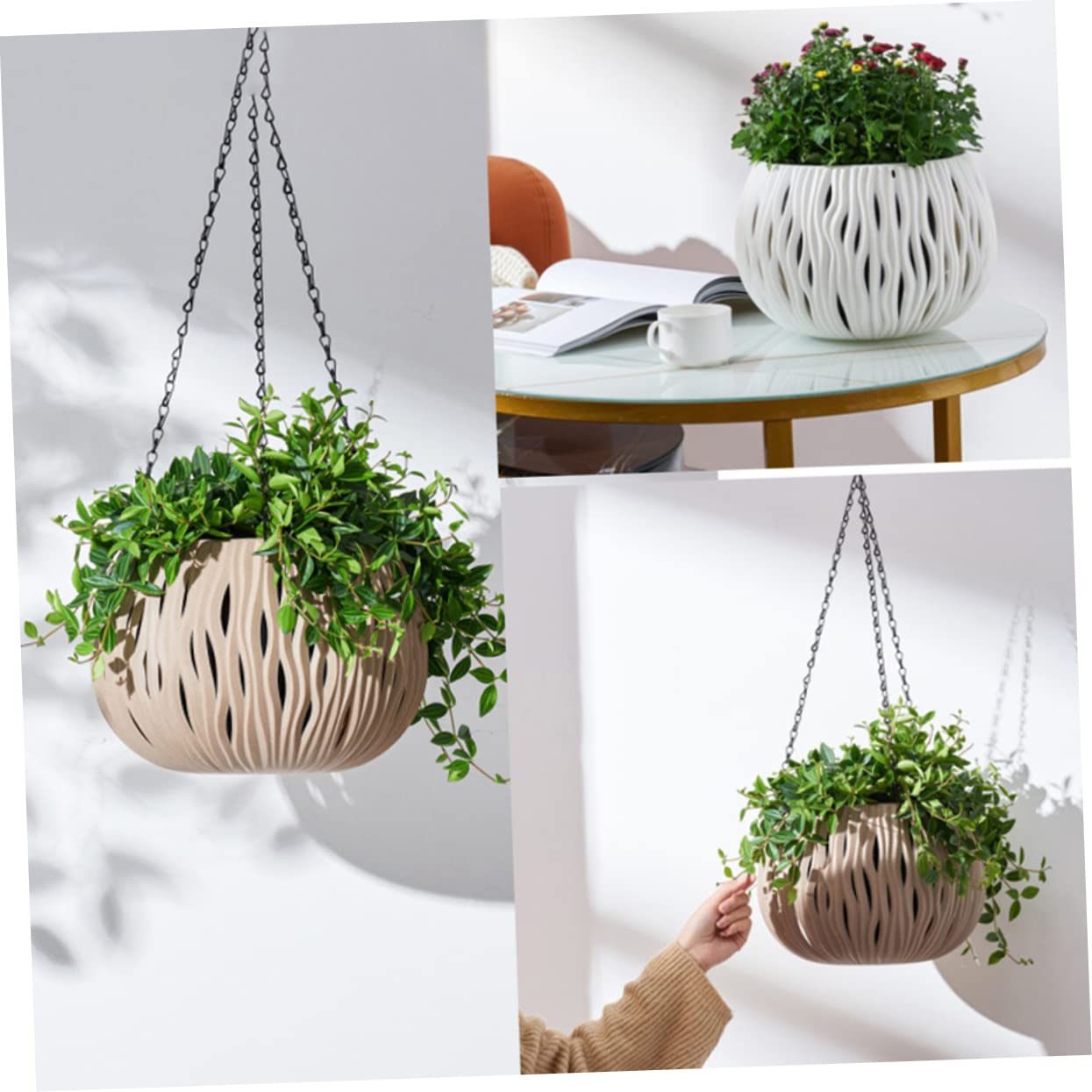 Happyyami Hängender Blumentopf aus Kunststoff mit Ketten Weißer Pflanzkorb im Korbdesign für Innen und Garten für Sukkulenten und Kakteen Geeignet