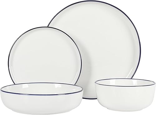 Miniatura 4 de Gibson Home Oslo - Juego de vajilla de porcelana resistente a los arañazos y astillas, 16 piezas, color blanco con borde azul