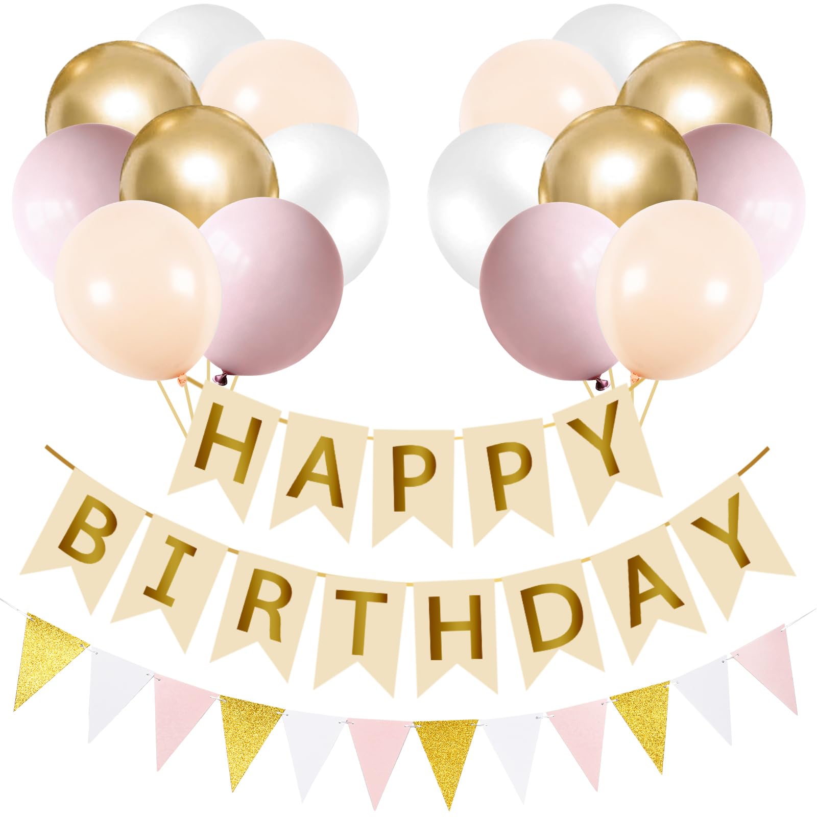 Happy Birthday Banner and Bunting, Dusty Pink Happy Birthday Decorations, 16pcs 12 inch Pink Apricot White Gold Balloons Helium Balloon with Gold Ribbon for Girls and Women Birthday Party Decorations