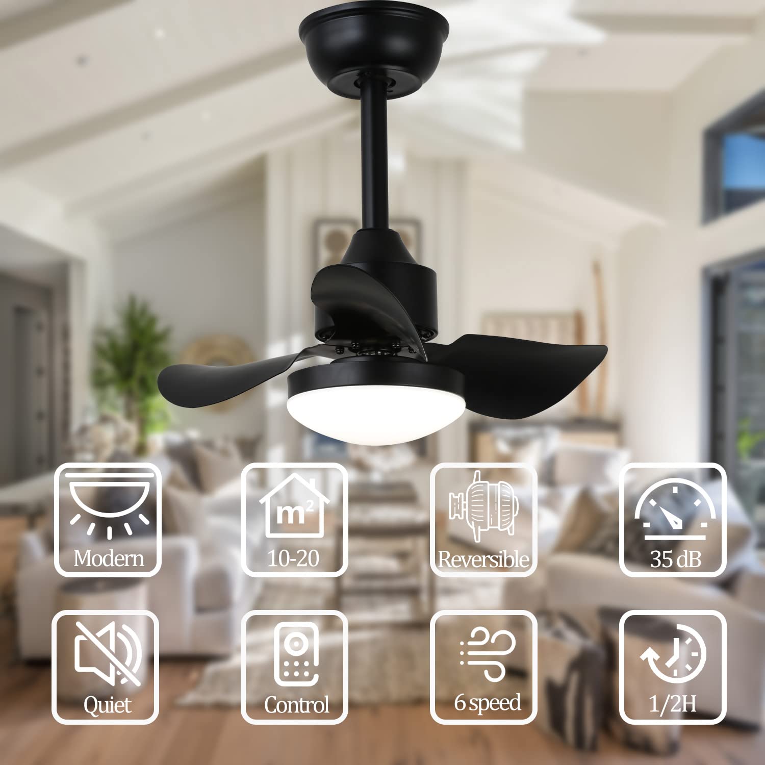 Ventilatore A Soffitto Con Luce LED E Telecomando – Silenzioso, 6 Velocità, Dimmerabile, Reversibile Estate/inverno, 55 Cm, Moderno