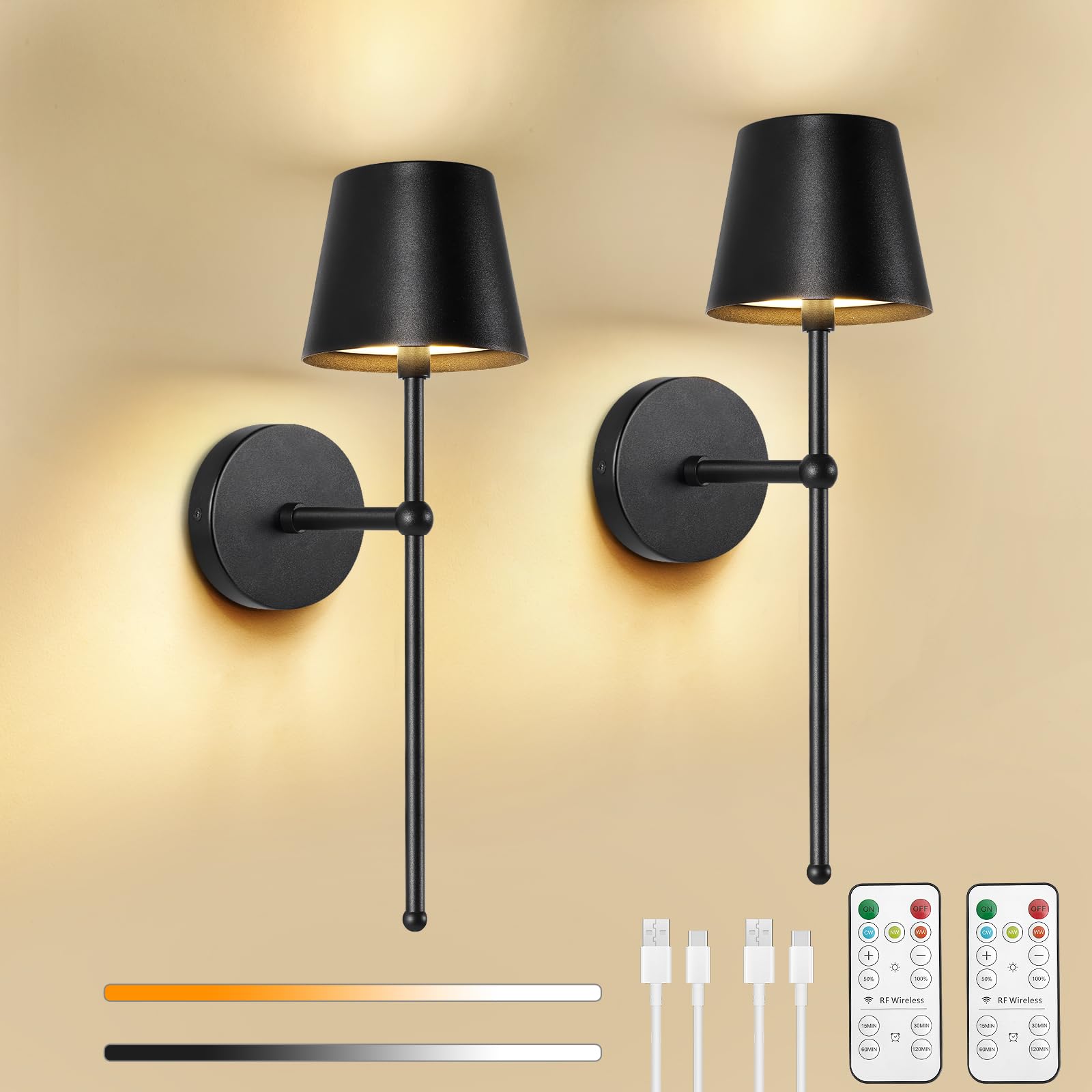 Rechargeable Wall Lights Set of 2, Battery Operated Wall Lights with Dimmable, 3 Color Temperature& Remote, 5200mAh Wireless Wall Sconces Lights Indoor for Livingroom, Bedroom, Dining, Hallway, Black