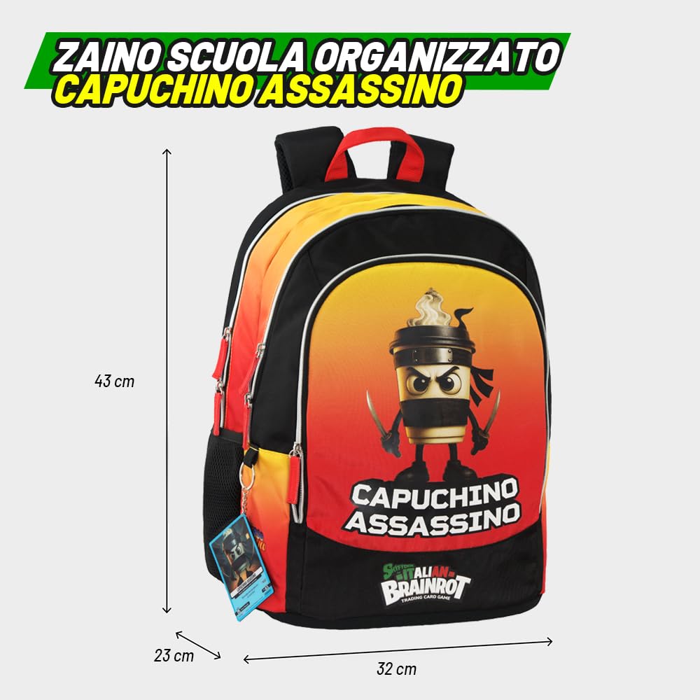 BRAINROT - Zaino Scuola Organizzato Ufficiale Brainrot, Zaino per Ragazzi con Retro e Fondo Termoformati, Spallacci Imbottiti e Regolabili, Interno Foderato con Tasca Zip, 32x43hx23 cm