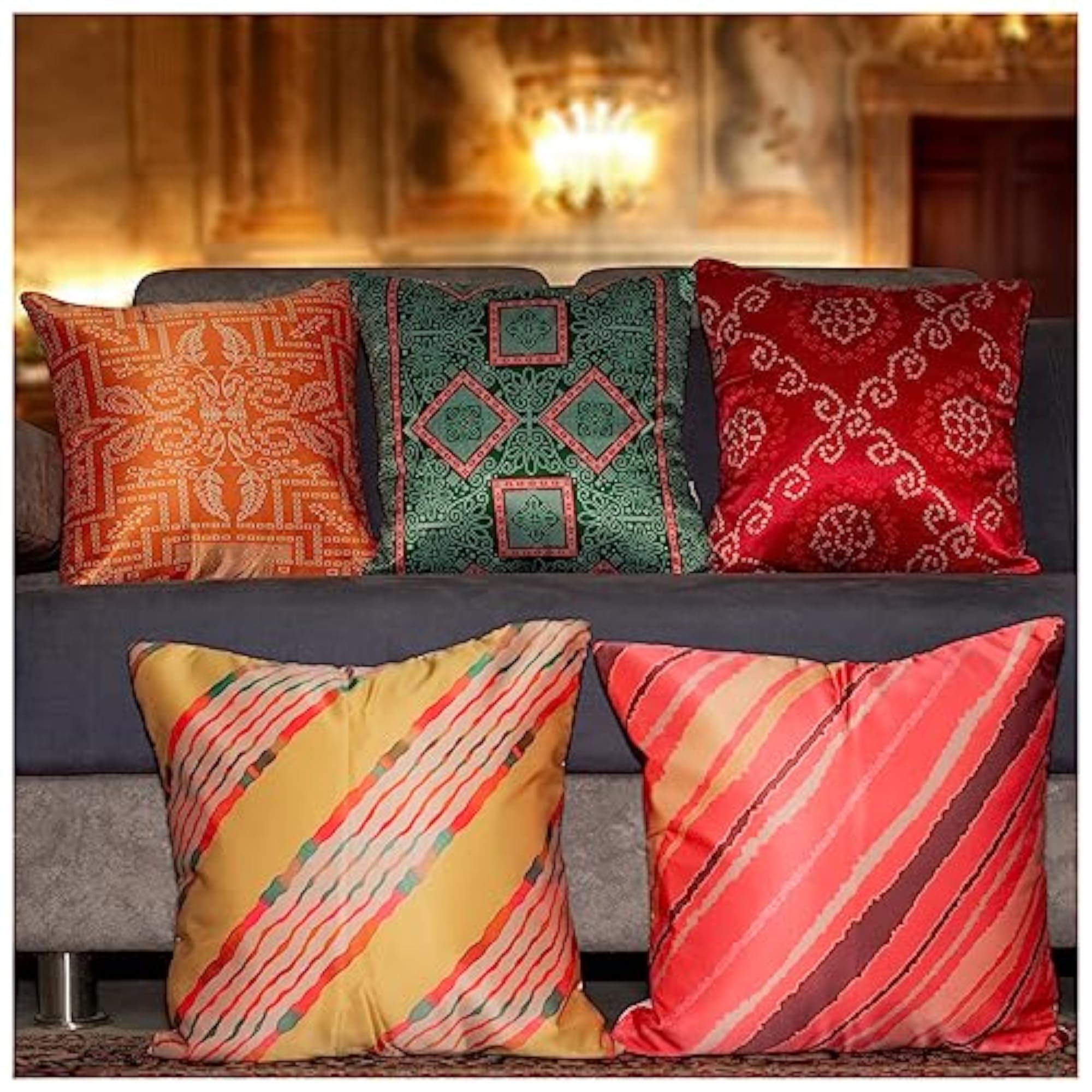 Satin 250TC Cushion Pillow Covers, Set of 5, Multicolor