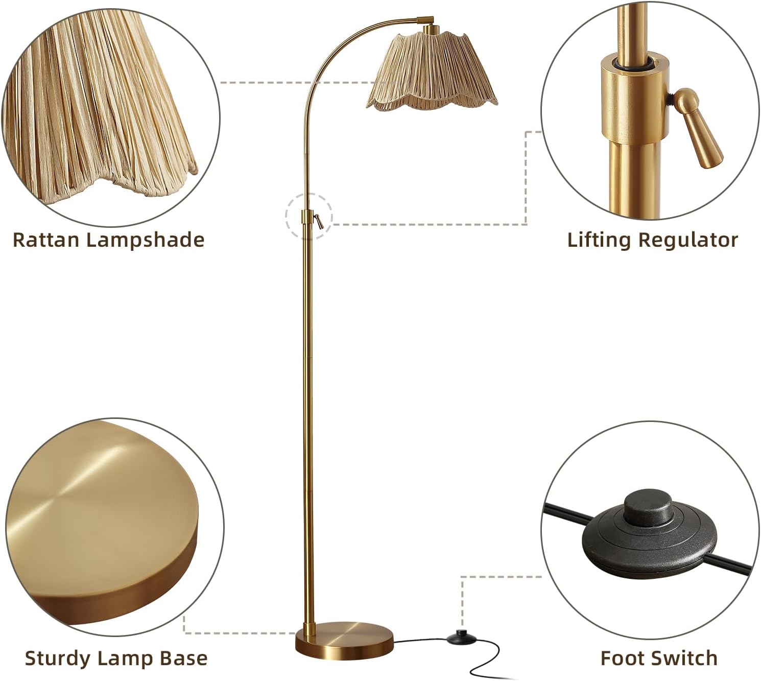 RORIANO 64'' Boho Rattan Arc Floor Lamp for Living Room, Farmhouse Adjustable Height Standing Lamp with Hand-Woven Shade and Foot Switch for Bedroom Corner Study Home Office, Bulb Included