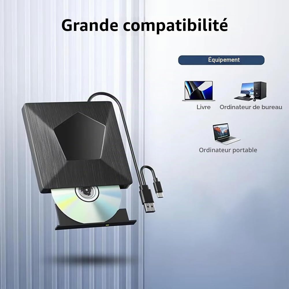 Graveur Blu-Ray Externe, Lecteur Optique Blu-Ray 3D Portable, Lecteur Blu-Ray Externe BD/CD/DVD pour PC Portable