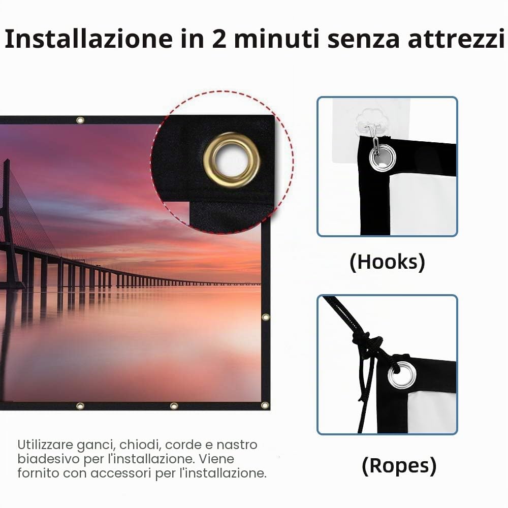 Schermo per proiettore, schermo da 150 pollici per interni ed esterni, 4K HD 16: 9, design per film notturni in cortile (facile da pulire, 1.1 gain, angolo di visione 160°)