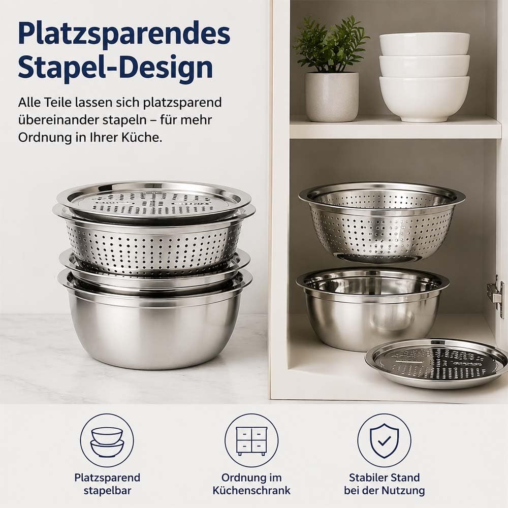 Multifunktionales Edelstahlbecken 3-In-1-Reibe, Abtropfsieb,SalatschüSsel,VergrößErt Und VerstäRkt (880 g),Siebbecken RüHrschüSsel-Set, FüR GemüSe, Obst Und ReisspüLer (26cm)