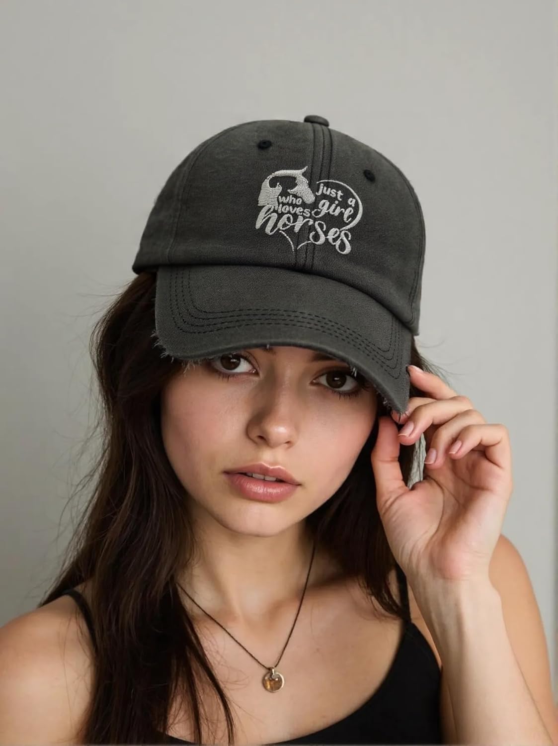 Horse Hat for Women, Just Girl Who Loves Horse Hat,Embroidered Adjustable Washed Cotton Baseball Cap Black - Image 2
