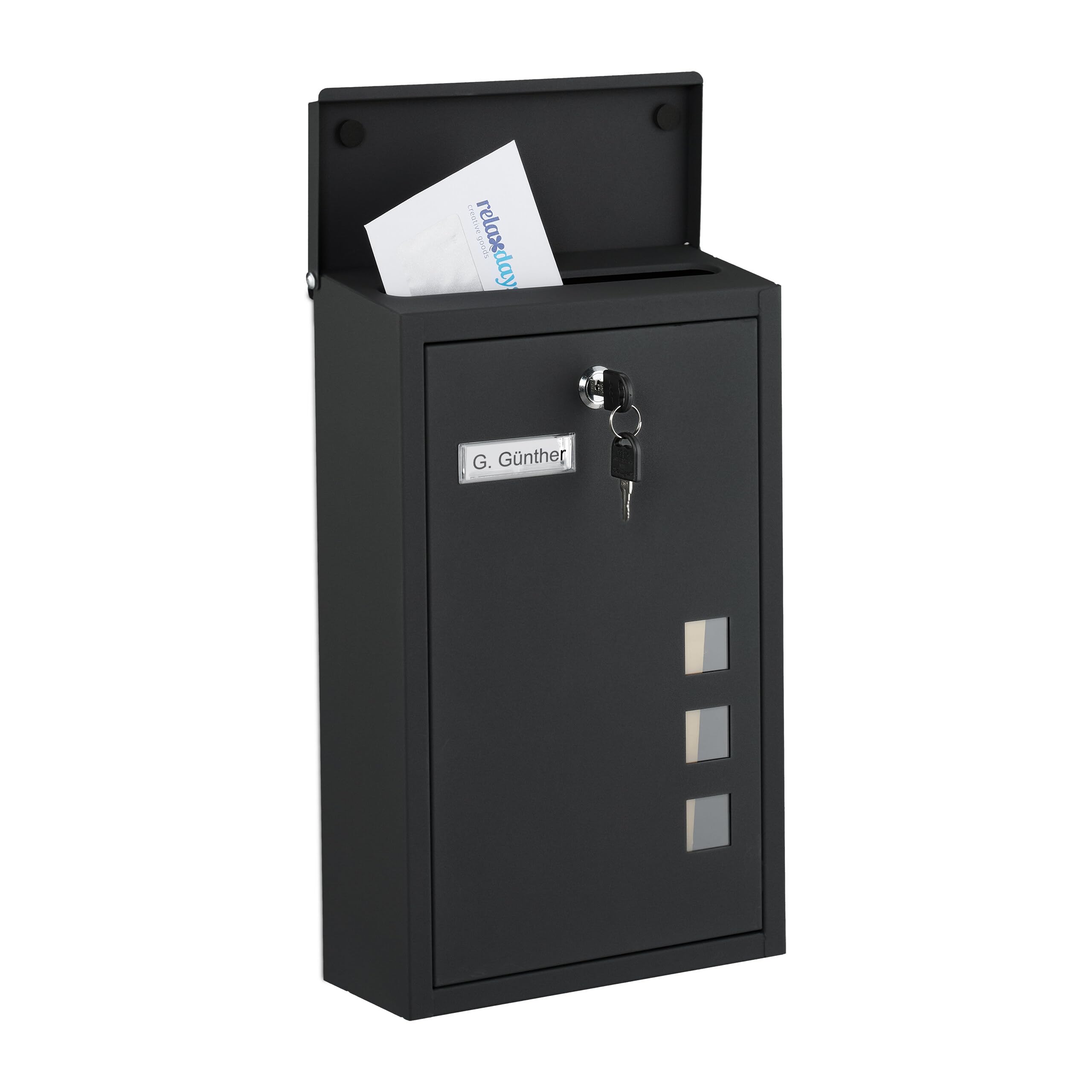 Relaxdays letterbox with viewing windows, HxWxD: 40 x 25 x 11.5 cm, metal, 4 keys, vertical letterbox, black