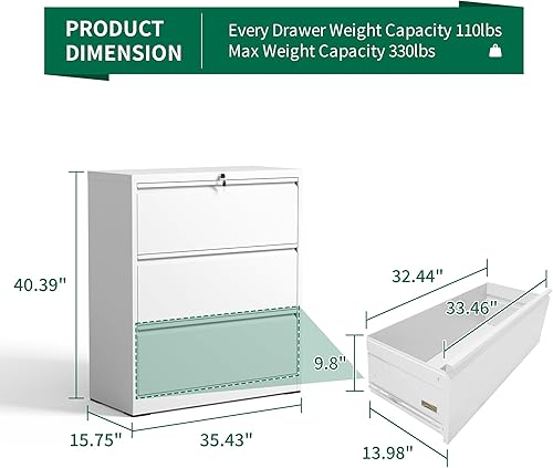 Miniatura 3 de Archivador lateral de 3 cajones para oficina en casa, archivador de metal con cerradura, cajones anchos de almacenamiento de archivos para carpetas