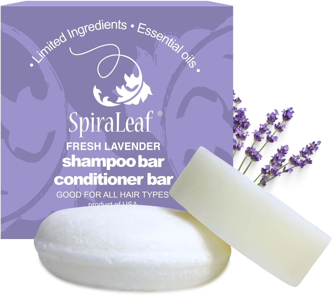 Spiraleaf® Shampoo & Conditioner Bar Set, FRESH LAVENDER, Pure Essential Oils, Limited Ingredients, Concentrated Formula, Made in the USA, Natural Oils, Light Scent, Color-Free