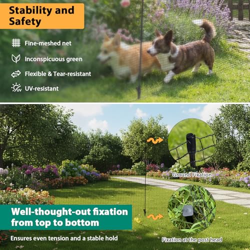 Image of HIDALIFE Temporary Fence with Posts,Safety Barrier for Dog Snow Plastic Mesh Fencing with Fiberglass Stake Windbreak Rope,Movable Fencing Roll for Garden Backyard Outdoor Animal Protect (3'x50' Black)