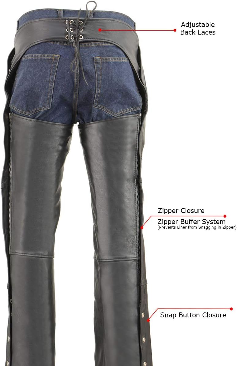 Milwaukee Leather MLM5505 Men's Removal Thermal Lined Black Premium Leather Motorcycle Chaps w/Cool-Tec Leather