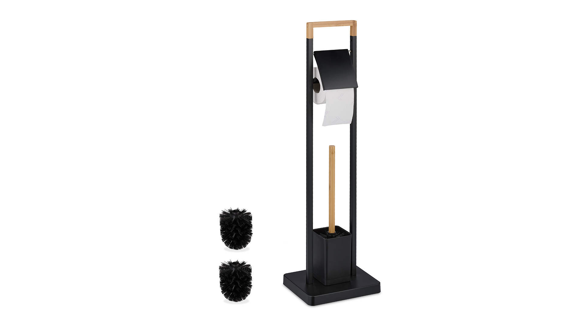 Relaxdays toiletaccessoires set, staand, toiletrolhouder met wc-borstel met houder, reserve borstelkoppen, zwart