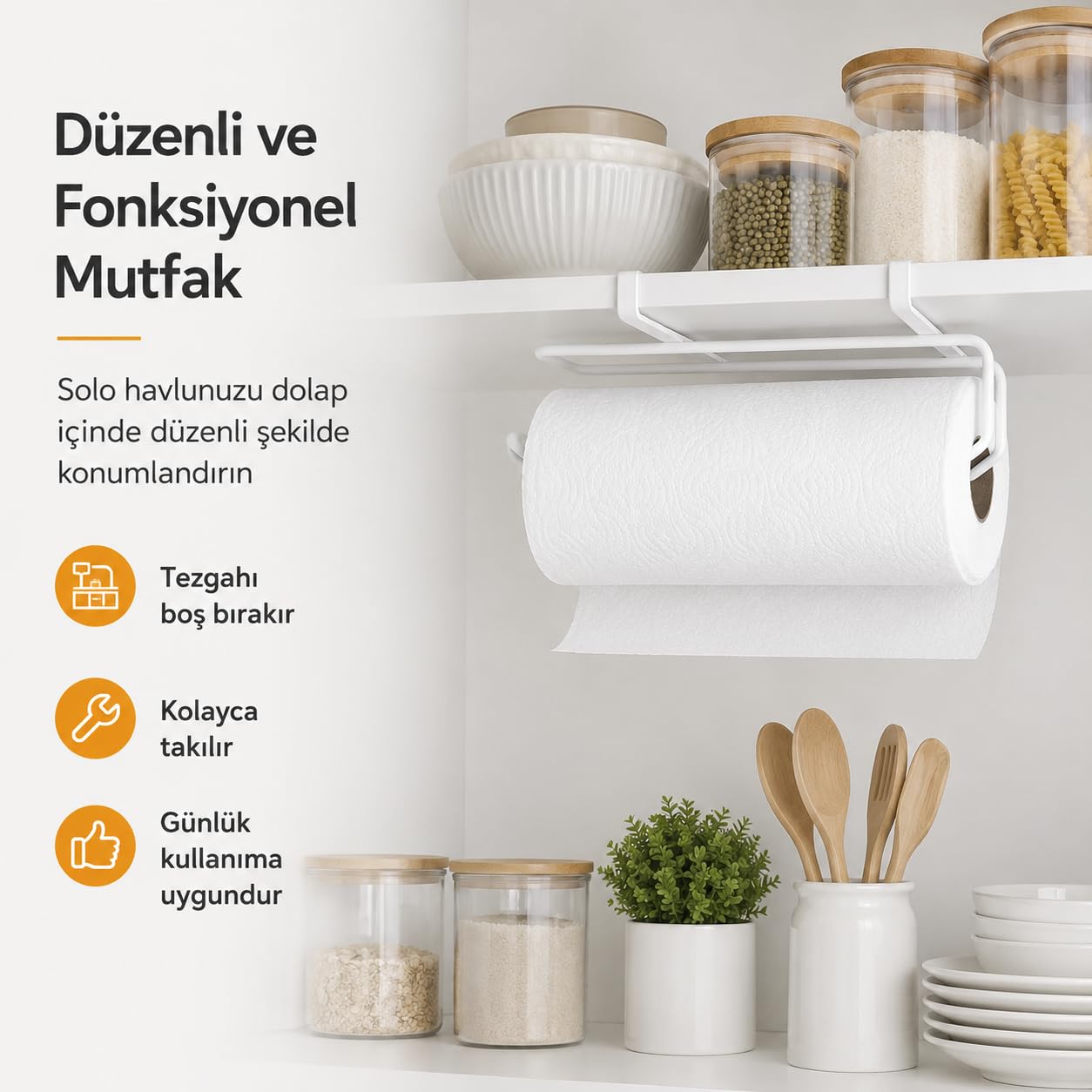 Alper Banyo BPratik Solo Havluluk Beyaz, Dolap Altı Kağıt Havlu Tutucu, Delmeden Montajlı Mutfak Rulo Havluluk, Askılı Metal Düzenleyici