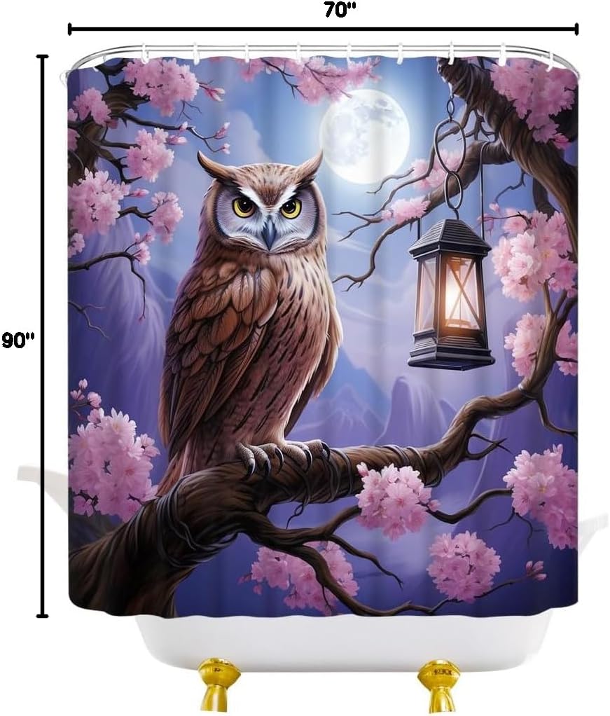 Owl Shower Curtain Wild Animal Wildlife Floral Full Moon Forest Mountain Fantasy Purple Fabric Bathroom Curtain with Hooks, 90x70 Inch