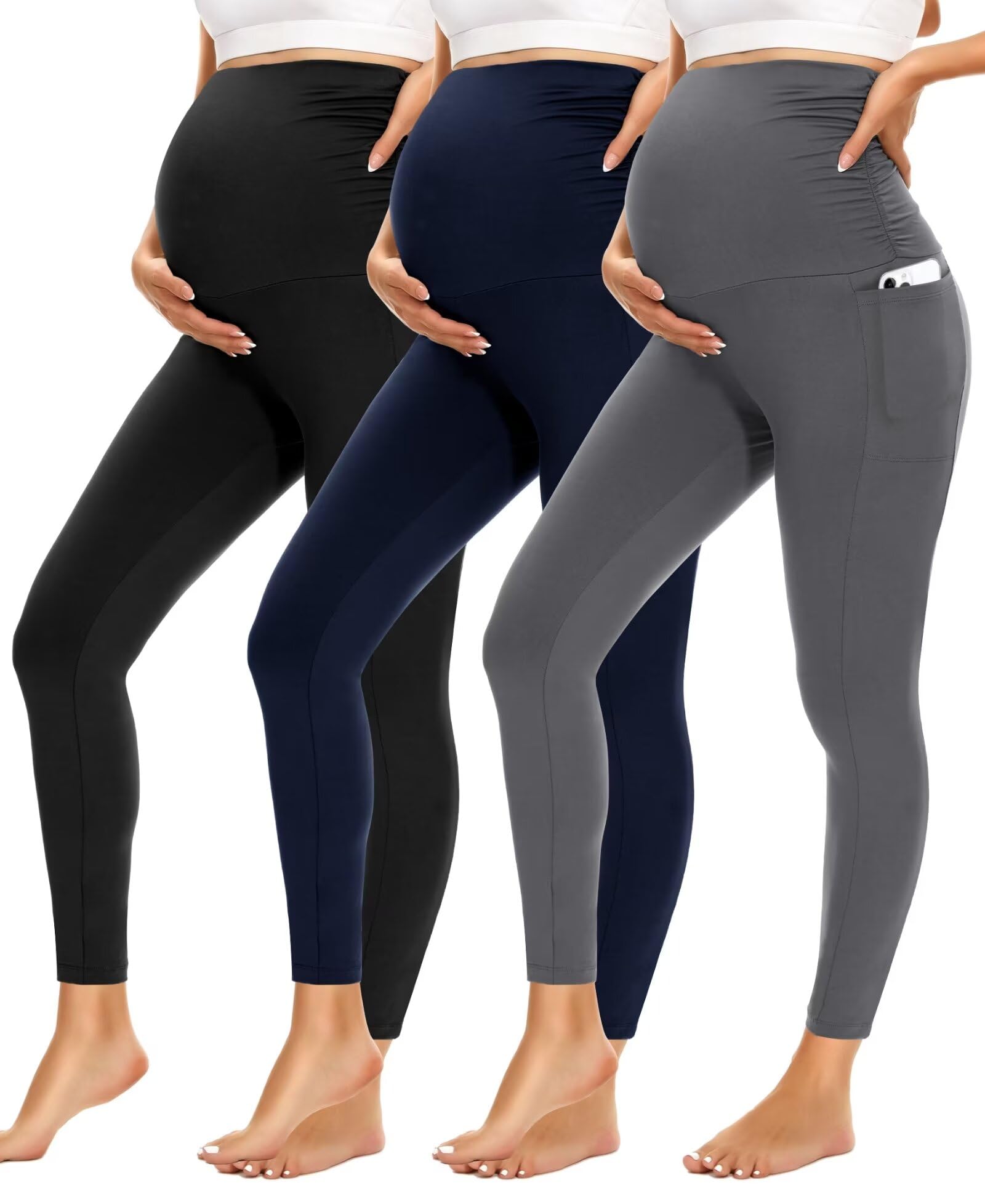 HIGHDAYS Womens Maternity Leggings with Pockets Over The Belly,3 Packs Pregnancy Soft Workout Activewear Yoga Tights Pants