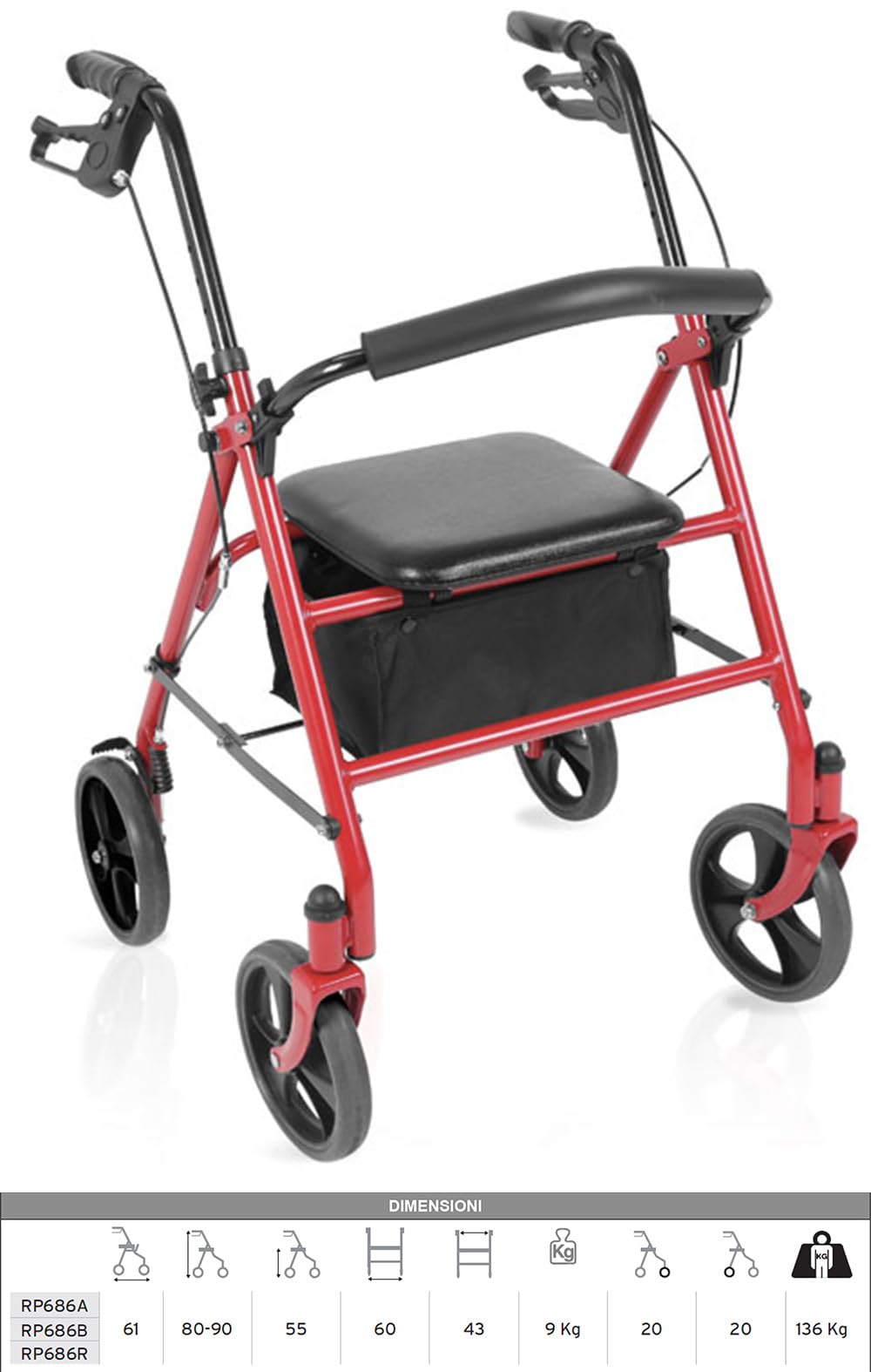 Rollator Andador Ancianos para exteriores Modelo Teti (Rojo)