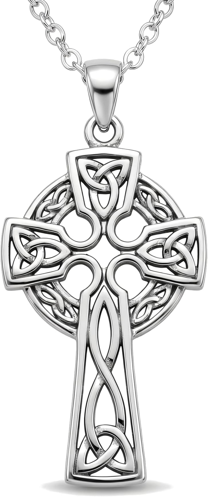 Solid 925 Sterling Silver Celtic Cross Pendant Necklace for Women with 18" Silver Chain & Jewellery Gift Box - 30mm x 18mm