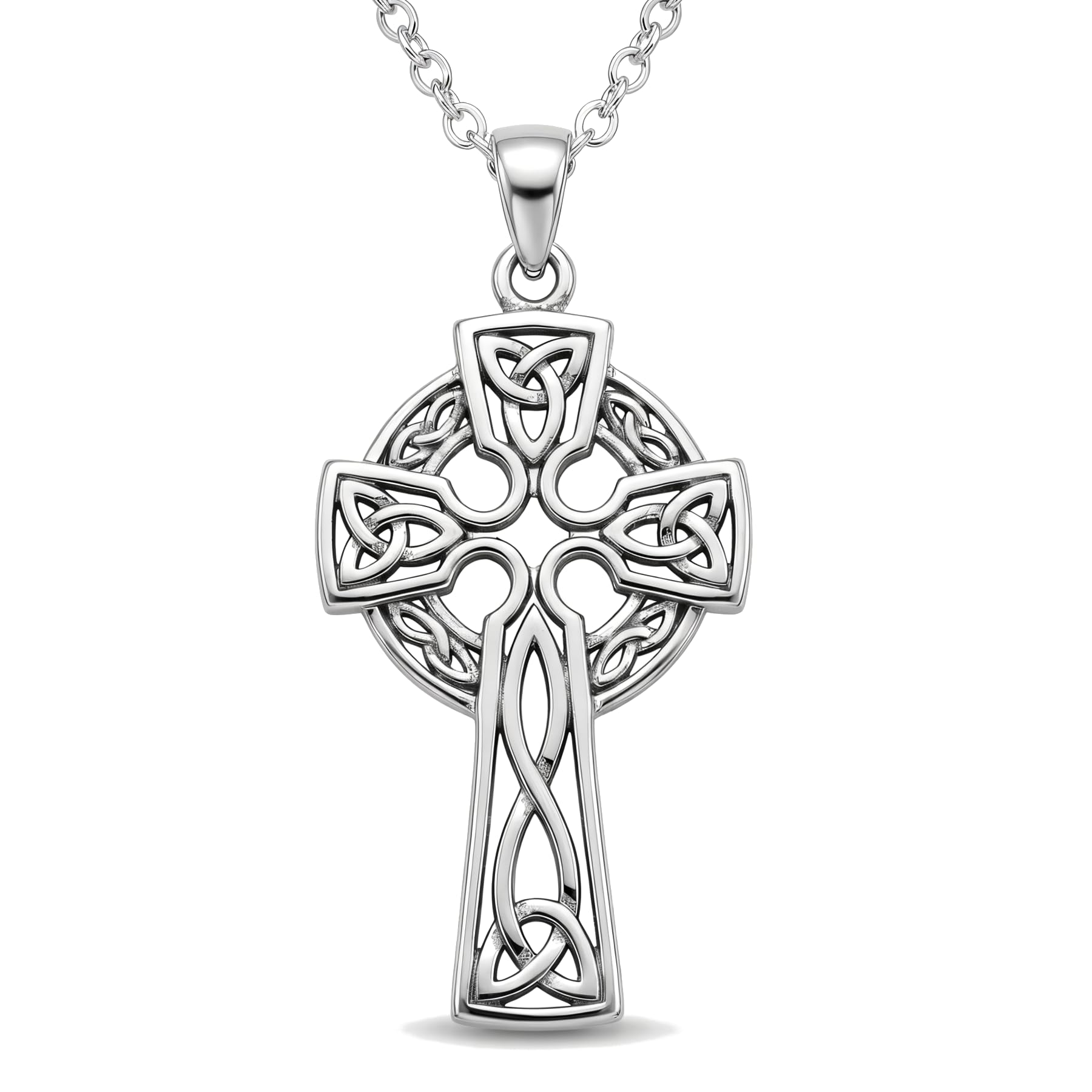 Solid 925 Sterling Silver Celtic Cross Pendant Necklace for Women with 18" Silver Chain & Jewellery Gift Box - 30mm x 18mm
