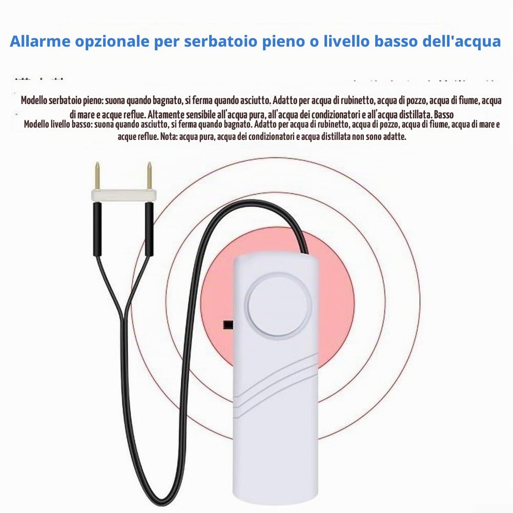 Allarme di livello dell'acqua per acquario, serbatoio, piscine, sistemi idrici, rilevazione sonda in rame e funzionamento a batteria, suono da 100 dB (pieno d'acqua)