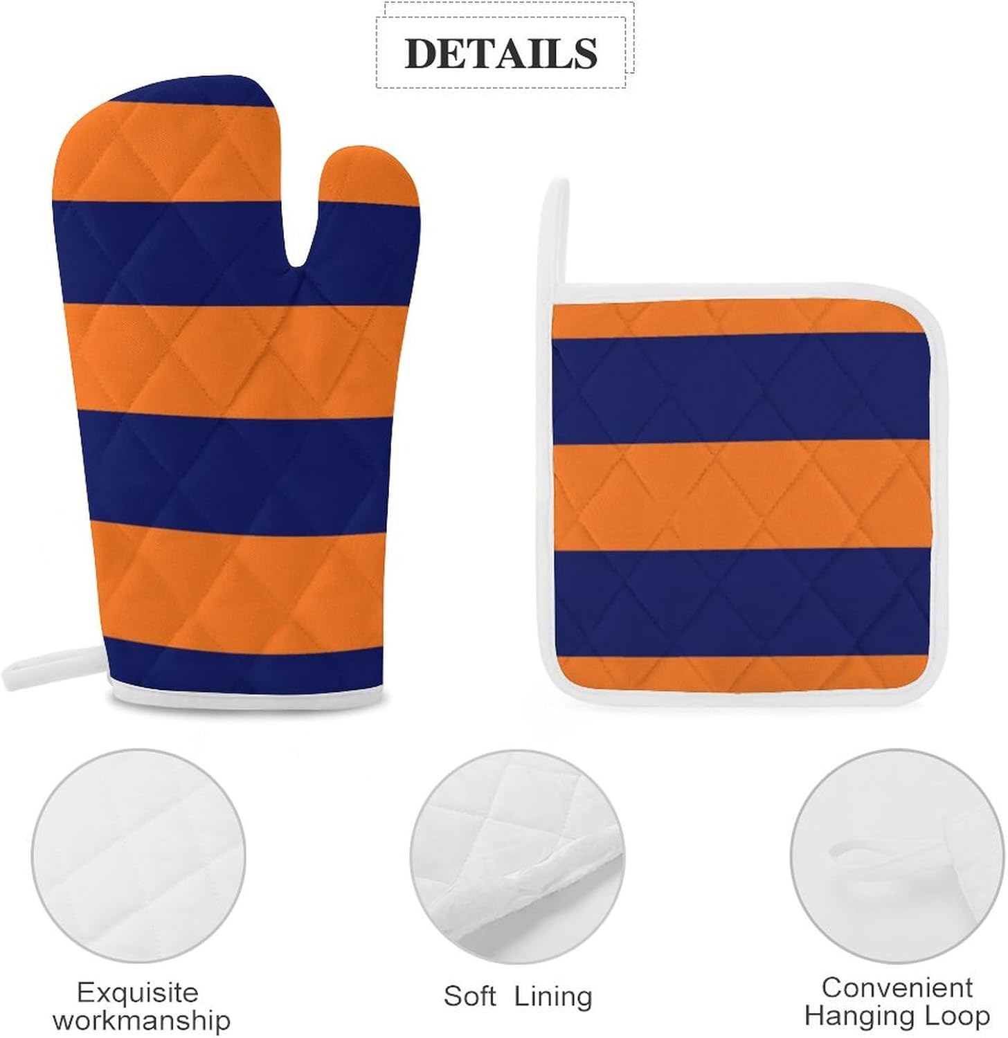 3PCS Oven Mitts and Pot Holders Sets, Orange Navy Blue Bold Stripe Oven Mitts Set Heat Resistant Kitchen Microwave Gloves Safe for Baking,Cooking, BBQ