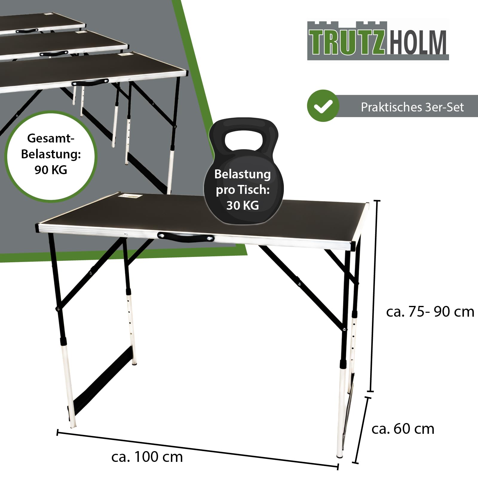 TRUTZHOLM 3-er Set Multifunktionstisch mit Ausziehfunktion 100x60 cm 90kg Gesamtbelastung Tapeziertisch Flohmarkttisch Campingtisch Klapptisch Beistelltisch Grilltisch höhenverstellbar inkl. Verbinder