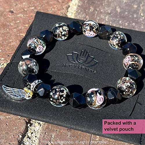 Artsy Crafts Glow In The Dark Glass Beads + Black Agate Natural Gemstone Beads + Angel Wing Charm Bracelets, Crystal Healing Stones Firefly Beads Chakra Bracelet For Adults Love Calming Anxiety Spiritual Gifts (Black) #TOP4