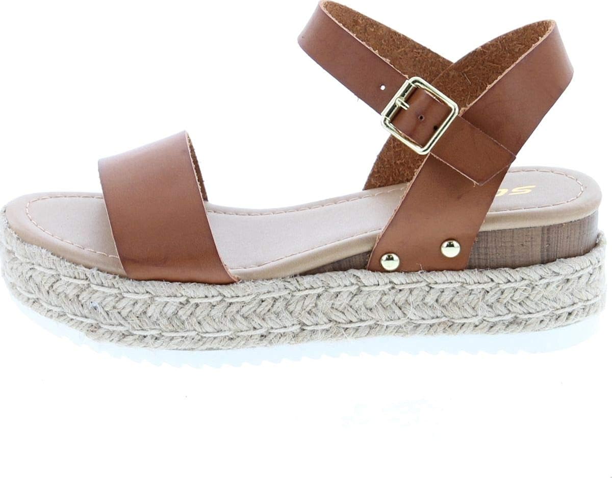 Soda Gloria Nude Open Rounded Toe Ankle Strap Espadrille Synthetic Heeled Sandal