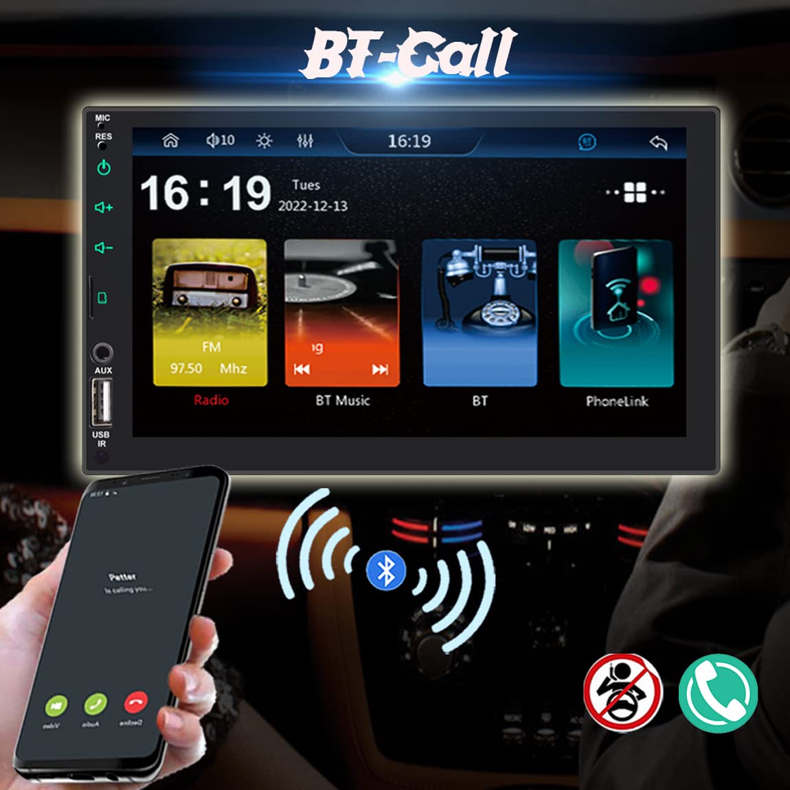 Autoradio Doble DIN Compatible con inalámbrico Apple Carplay y Android Auto 7" Radio de Coche Bluetooth con Puerto USB TF FM AUX IN 4 LED Soporte de cámara inversa Mirror Link y Subwoofer