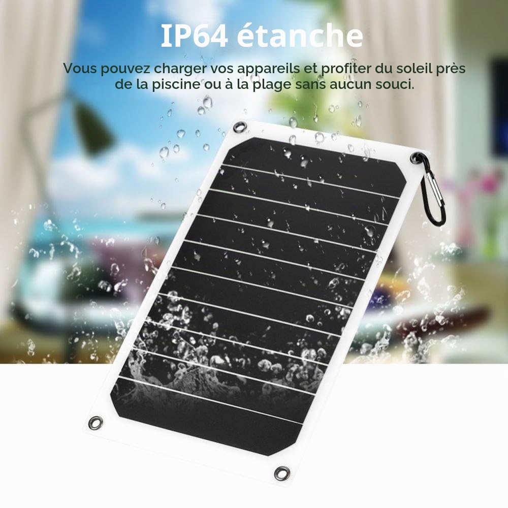 Chargeur d'alimentation mobile de panneau solaire extérieur portable 10W IP64 Sortie USB 5V, pour les voyages, les sports, la randonnée, le camping, la plage et d'autres activités de plein air