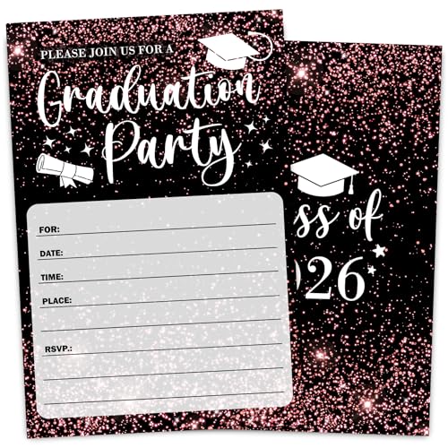VIVORA Rose Pink Glitter Graduation Invitation Card for Graduate, Rose Pink Glitter Graduation Party Invites, 30 Cards & 30 Envelopes, 4x6 Inches, Double-Sided