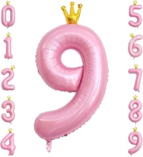 40 Inch Crown Pink Number 9 Balloon, Big Conjoined Baby Pink Foil Mylar Helium Digit 9 Balloon for Girl 9th Birthday Party Decorations Anniversary Decor Theme Party Supplies