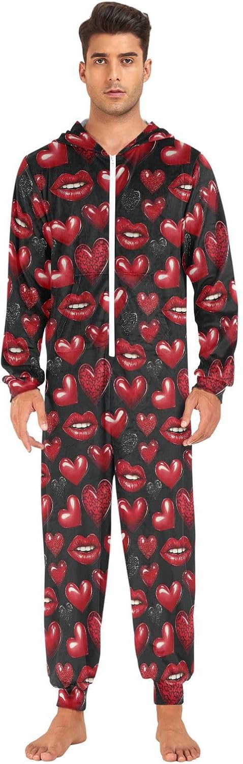 ALAZA Red Lips Hearts Adult Onesie Pajamas Set for Men Women Hooded Costume One-Piece Sleepwear Jumpsuit